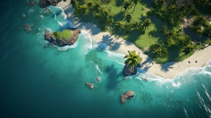 Poster - Generative AI Overhead shot of a serene island archipelago adorned with coconut palms, turquoise lagoons, and golden beaches embraced by the gentle waves of the ocean. photorealistic