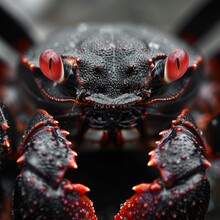 Close Up Of A Black-red Crab With Water Drops On The Skin. A Close-up Image Showcasing The Expressive Face Of A Crab With Raised Claws, Conveying A Comical Sense Of Defiance.