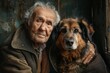 Experience the heartwarming bond of a senior elderly couple embracing with their loyal dog, symbolizing lifelong love, companionship, loyalty, 