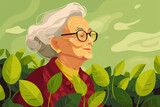 Fototapeta Motyle - Happy elderly woman with glasses in the garden Vector illustration, Generative Ai
