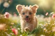 Joyful Puppy with a Comical Expression Frolicking in Lush Spring Grass