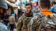 Young soldier in urban environment on patrol duty, surrounded by civilians and fellow servicemen. contemporary military attire. AI