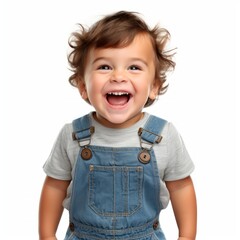 Poster - Stock image of a child wearing denim overalls on a white background Generative AI
