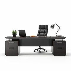 Poster - Stock image of a sleek executive desk on a white background, spacious, professional workspace Generative AI