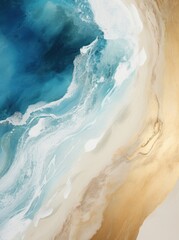 Wall Mural - The aerial view shows a stretch of sandy beach meeting the crystal blue ocean, creating a stunning contrast between land and water.