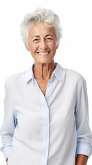 Aufkleber - Stock image of an elderly woman in casual attire on a plain white background Generative AI