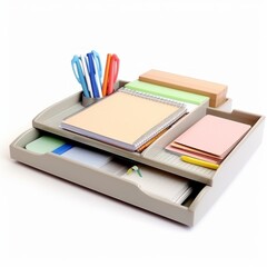 Fototapete - Stock image of an office desk tray on a white background, organized, storage for papers and files Generative AI