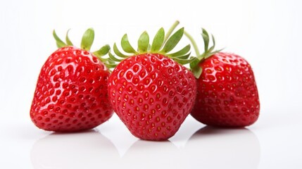 Poster - Three vibrant red strawberries captured in a close-up realistic photo against a white background Generative AI