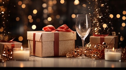 Aufkleber - Generative AI Elegant hands of a woman grasping a luxury white silver gift box with a bow, against a festive background, Xmas and New Year postcard design