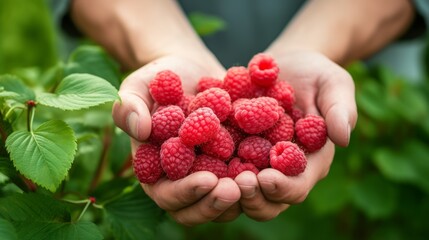 Poster - close-up of a man's hands holding a lot of raspberries, harvesting in the garden Generative AI