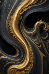Wall Mural - The image is a close-up of a swirling black and gold pattern with a gold orb at the center. The background is a black and gold abstract painting.