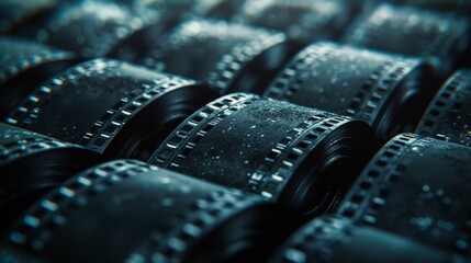 A close-up view of numerous film reels neatly stacked together, showcasing a collection of classic cinema history