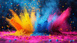 Holi background. Abstract colorful gulal powder and dust rainbow pigment particles explosion. Festive Indian happy holidays greeting card, invitation or banner backdrop. Hindu festival of colours 8k.