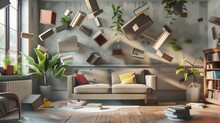 Levitating Furniture In Modern Living Room Interior Concept Illustration