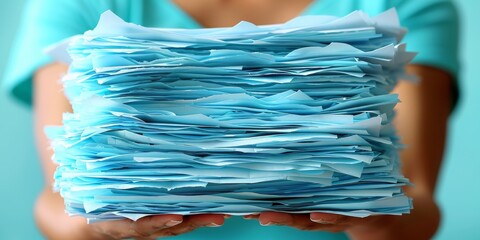 Aufkleber - Hands Carefully Hold a Towering Stack of Blue Paperwork, Symbolizing the Daunting Tasks of Office Work, Generative AI