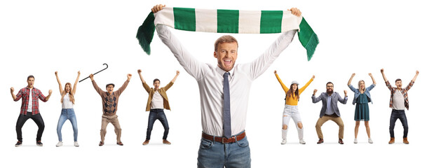 Sticker - Businessman cheering with a scarf in front of many happy people