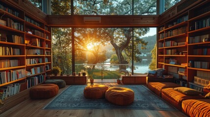 Wall Mural - Inviting scenic home office library with expansive views of nature in soft sunlight with water lake scenery. Bookshelf in contemporary decorated room. Online zoom presentation meeting room background.