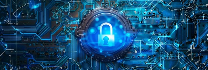 Poster - Cybersecurity Data Protection - High-tech image of a digital padlock on a motherboard, symbolizing data security and cyber protection strategies