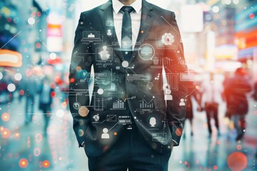Poster - Digital Business Transformation - A conceptual image of a businessman against a cityscape interfacing with a futuristic computer network. Overlays of graphs, gears, and data signify integration