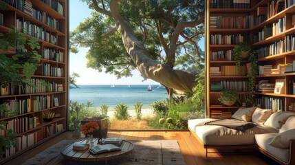 Wall Mural - Inviting scenic home office library with expansive views of nature in soft sunlight with ocean beach scenery. Bookshelf in contemporary decorated room. Online zoom presentation meeting room background