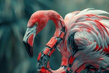 A Futuristic Interpretation Of A Flamingo Integrated With Cybernetic Enhancements