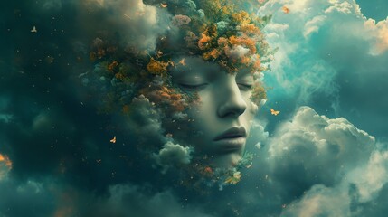 Wall Mural - Female face in a fantasy landscape with clouds