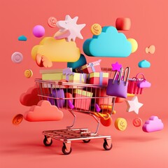 Wall Mural - A shopping cart with lot of deals flying around