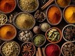 Close-Up overhead view of an assorted arrangement of spices, Assorted spices and seeds, various spices, different herbs and spices. Assorted spices and seeds arrangement