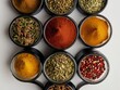 Close-Up overhead view of an assorted arrangement of spices, Assorted spices and seeds, various spices, different herbs and spices. Assorted spices and herbs assortment