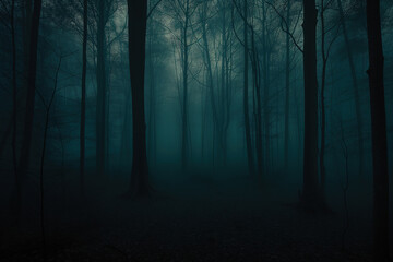 Wall Mural - dark foggy forest with trees under low lighting 