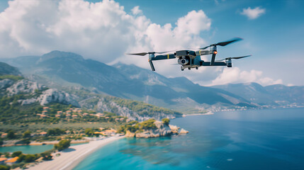 Wall Mural - Closeup drone taking view of mountains and sea.