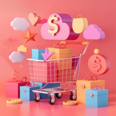 Wall Mural - A shopping cart with lot of deals flying around