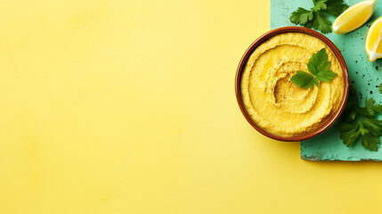 Wall Mural - Bowl of hummus with greens and olive oil, top view, copy space