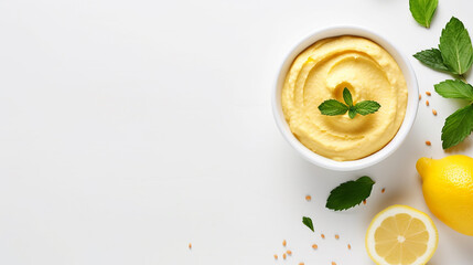 Wall Mural - Bowl of hummus with greens and olive oil on white background, top view, copy space