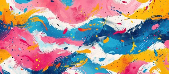 Wall Mural - An abstract painting featuring a dynamic combination of blue, pink, and yellow colors in a vibrant pattern.