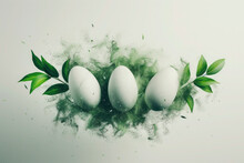 Easter Eggs With Green Leaves And Green Powder Explosion 