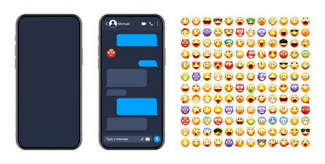 Smartphone messaging app, user interface with emoji. SMS text frame. Chat screen, blue message bubbles. Texting app for communication. Social media application. Dark mode. Vector illustration