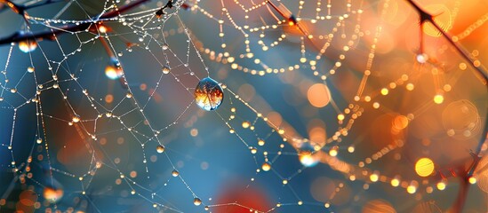 Wall Mural - In this close-up shot, dew drops cling to a finely woven spider web, creating a stunning display of natures beauty. The intricate web pattern is highlighted by the shimmering water droplets