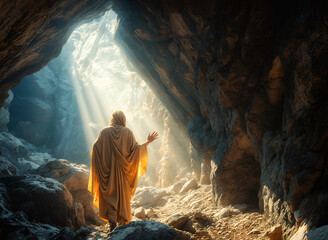 Man dressed in an orange robe with his back towards the camera, praying with hand raised toward the light that enters the cave like rays from heaven, depiction of prophet or saint in a cave.Copy space