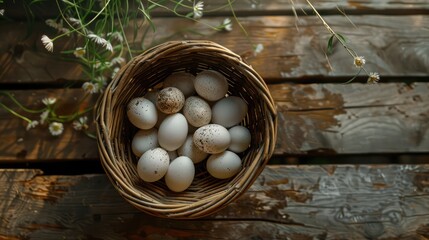 Wall Mural - top veiw basket of duck eggs on a wooden table over farm in the countryside