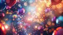 Festive Party Background With Blurred Bokeh Lights, Colorful Balloons, Flying Confetti And Serpentine