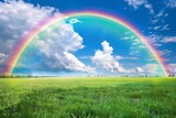 Fototapeta Tęcza - Vibrant rainbow arcs over lush green meadow and azure sky, Generative AI