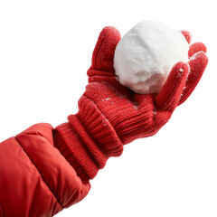 Wall Mural - Snowball in hand in close-up isolated on a white or transparent background. Hand in warm red glove holding a round snowball in close-up, side view, graphic design element.