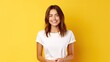 A wide shot of woman, 22 years old, wearing white shirt and blue pants, with smiling and excited facial expression, on yellow background, design t-shirt template, printed presentation template