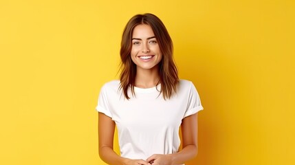 Wall Mural - A wide shot of woman, 22 years old, wearing white shirt and blue pants, with smiling and excited facial expression, on yellow background, design t-shirt template, printed presentation template