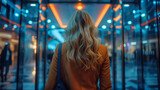 Fototapeta  - Back shot of businesswoman stepping into sleek elevator in contemporary office setting