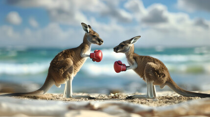 two young kangaroos with red boxing gloves facing each other ready to fight on beach in front of blurred sea under sky