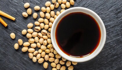 Sticker - soy sauce in a bowl with bamboo chopsticks and soya beans scattered on the black surface of the slate stone banner top view closeup with space for text