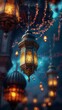 Hanging lanterns in the night, Ramadan Kareem background.