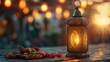 Ramadan Kareem greeting card Arabic lantern with dates on wooden table